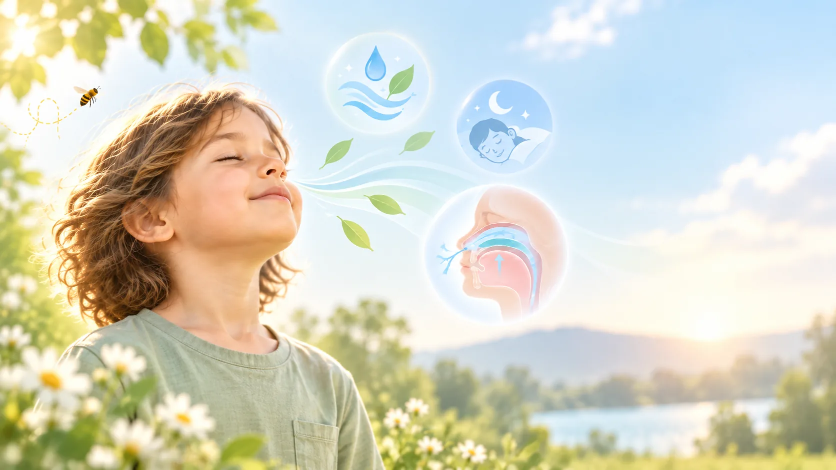 Child breathing easily through the nose outdoors, with illustrations of fresh airflow, restful sleep and the nasal airway